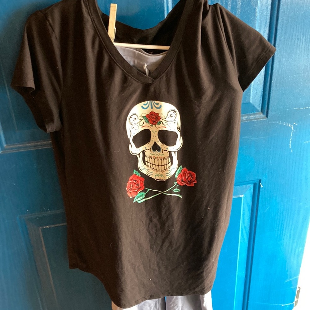 NOBO skull shirt large. AERIE blue sweatpants medium.